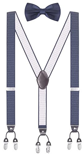 WANYING Herren Y-Form 6 Clips Hosenträger & Fliegen 2 in 1 Set|3,5cm Breit Verlängerte Hosenträger für Körpergröße 170-200cm - Gepunktet Dunkelblau