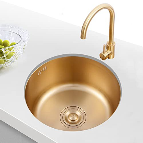 HGTRH Fregadero Cocina 1 Seno y Escurridor Redondo, Fregadero Camper Furgoneta Kit, Fregadero Redondo INOX sobre Encimera Cocina Un Seno Dorado Fregadero Bajo Encimera 40cm Redondo Inoxidable