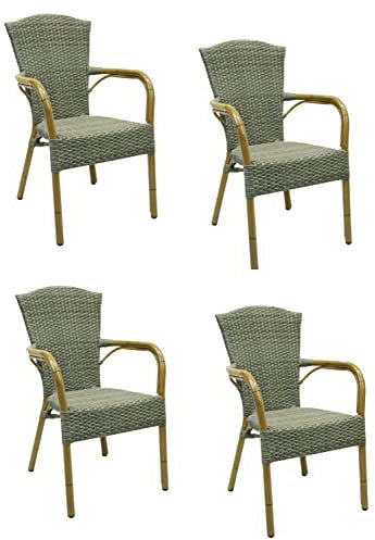 Konway 4X Colombo Stapelsessel Quarz Premium Polyrattan Garten Sessel Stuhl Set Gartenstühle Gartenmöbel Terrasse Sitzgruppe Outdoor Lounge Möbel