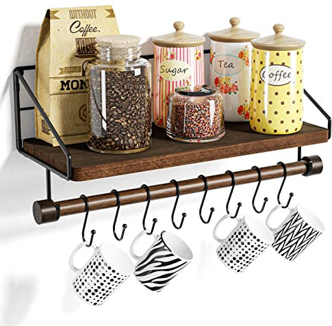 Alsonerbay Floating Shelves Wood Kitchen Shelves Wall Mounted,Rustic Storage with 8 Removable Hooks Small Floating Shelf with black Metal and dark brown Wood for Kitchen Bathroom Bar