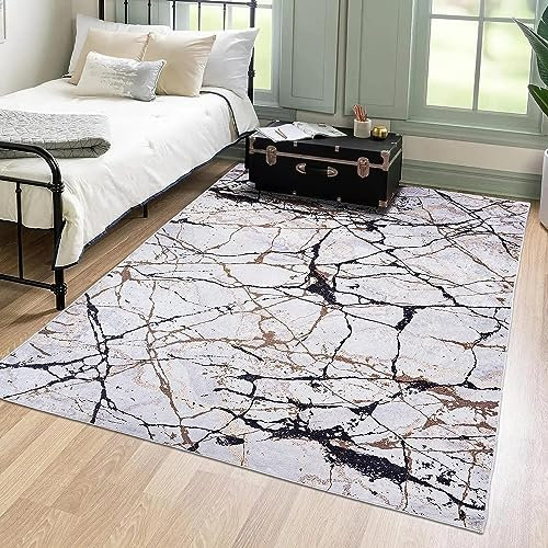 Mazovia Modern Teppich - Kurzflor Waschbar - Weich Teppich für Wohnzimmer, Schlafzimmer, Esszimmer – Teppiche Marmor Abstrakt Muster - Beige 140 x 200 cm