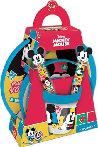 Juego de comida para bebés Disney de 5 piezas, azul y rojo en plástico, platos de Mickey Mouse, tazas y cubiertos