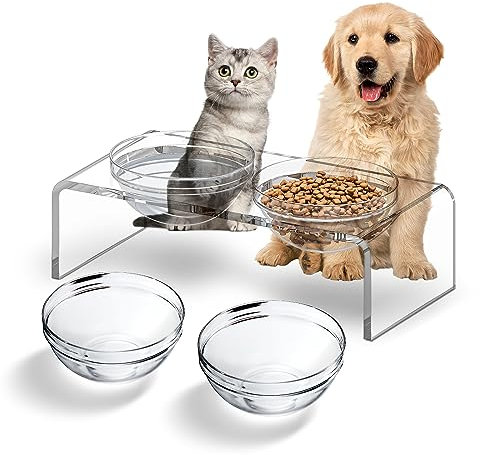 LFTYTUO Acrylic Pet Feeder Stand Set for Food Water with 2 Set Glass & Plastic Bowls, Raised Dishes Rack Suitable for Puppies, Kittens and Small Dogs, Clear