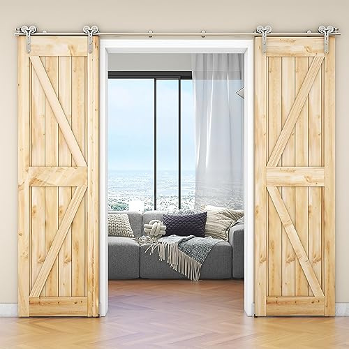 WOLFBIRD Schiebetür Beschläge Edelstahl Schiebeschiene 213cm Komplettes Rollenschienen Set Heavy Duty Stabil für Doppeltür aus Holz(Y-Form)