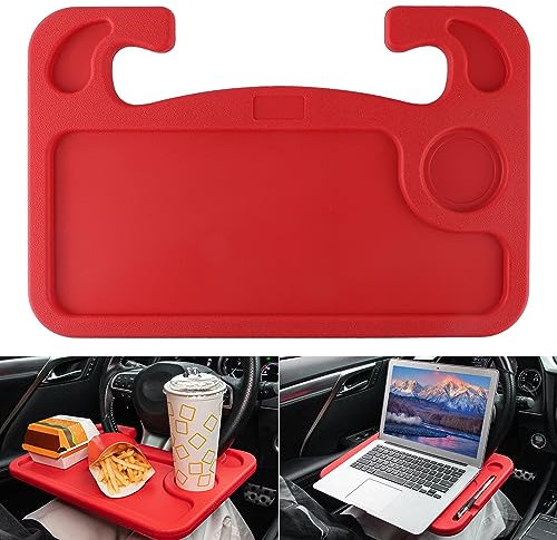 JUSTTOP Car Steering Wheel Desk, Red (ABS, Rectangular), Multipurpose Travel Tray for Eating, Laptop, Tablet, iPad, Cup Holder, Compatible with Most Cars