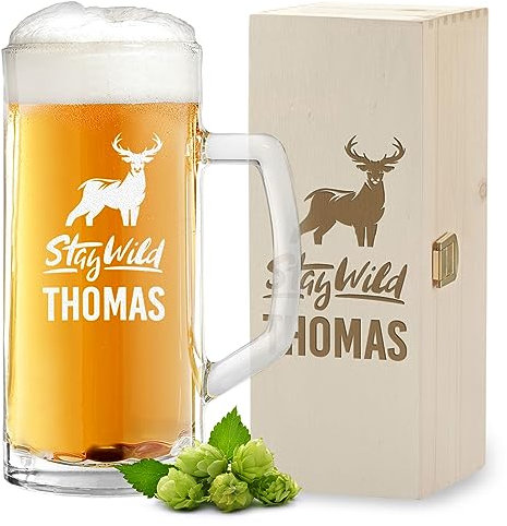 polar-effekt 2-TLG Geschenk-Set Bierkrug 0,5l Holzkiste mit Gravur - Männergeschenk für Papa und Opa - Bier Geschenk zum Geburtstag und Jubiläum - Bierglas mit Füllstrich