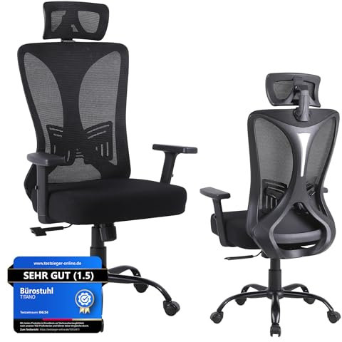 TITANO Ergonomischer Bürostuhl - Schreibtischstuhl mit Verstellbarer Höhe, Lendenwirbelstütze, Kopfstütze, Armlehnen und Wippfunktion, 12cm Memory Foam | 150kg Belastbar (Schwarz)