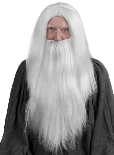Weißgraue Langhaarperücke mit brustlangem Vollbart - Kostüm-Zubehör Karneval, Halloween & Motto-Party