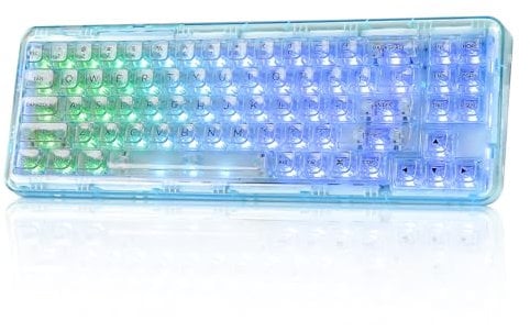 YUNZII X71 Transparente Mechanische Tastatur mit Transparenten Tastenkappen,BT5.0/2.4G/USB-C Kabelgebundene Tastatu 68% Layout, Kabellose RGB Tastatur mit Dichtung für Win(Crystal Ice Switch,Cyan)