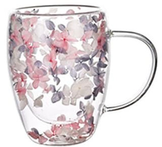 XIAOBAN Doppelwandige Glas-Kaffeetasse mit getrockneten Blumen, isoliert, hitzebeständig, Glasbecher mit getrockneten Blumen, für heiße Getränke, Küche, Cappuccino, Einzug, Geschenk für Frauen