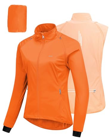 33,000ft Fahrradjacke Damen Wasserdicht Atmungsaktiv Sommer UV-Schutz Leicht Fahrradweste mit Abnehmbaren Ärmeln Fahrrad Reflektierend Regenjacke Frauen Orange 2XL