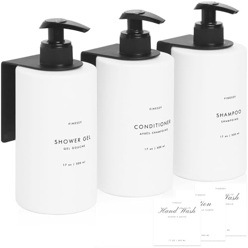 FINESSY Shower Soap Dispenser Wall Mounted 3, Shampoo Conditioner Holder | 3 Plastic 17Oz Bathroom Shower Dispensers, Stainless Steel Brackets. RVs & Kitchen White Shampoo Bottles Refillable With Pump