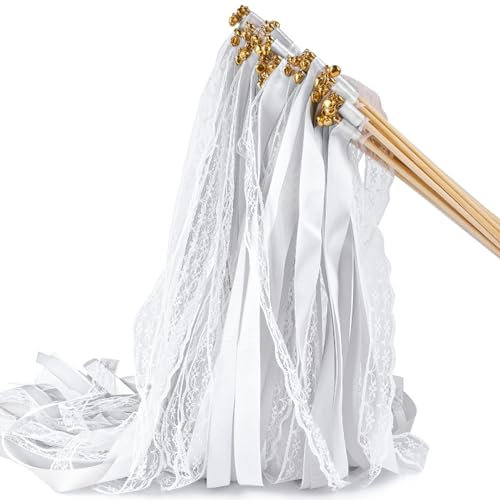 20 Stück Wedding Wands mit Glocke, Weiß Spitze Wedding Twirling Streamers, Romantic Zauberstäbe Hochzeit Luftschlangen Deko für Hochzeiten Geburtstage Partys Feiertagsfeiern Verwende