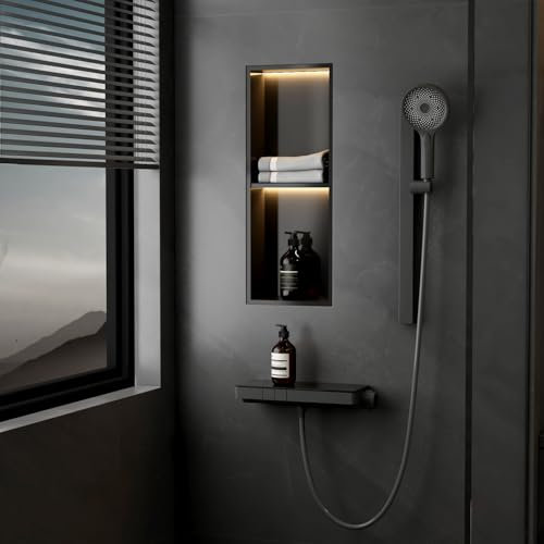 EMKE Colonna Doccia, con Ripiano, Set Doccia con Doccetta e Beccuccio Inferiore, Design Minimalista, 3 Tipi di Getto, Controllo Intelligente della Temperatura, Antracite Opaco