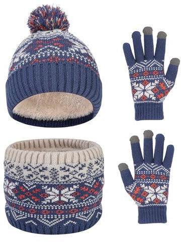 Waylipun Kinder Wintermütze Schal Handschuhe Set, 3 in 1 Warm Winte Strickmütze Kinder Mütze Set mit Plüsch Innenfutter für 2-7 Jahre Kinder Jungen Mädchen (Klein Blau)