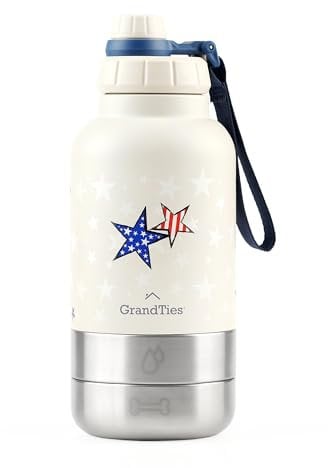GrandTies Insulated Portable Dog Water Bottle with 2 Detachable Dog Water Bowl Dispenser | Dog Food Travel Container, Dog Accessories for Dogs Walking, Hiking, Camping (32oz (950mL), Patriot)