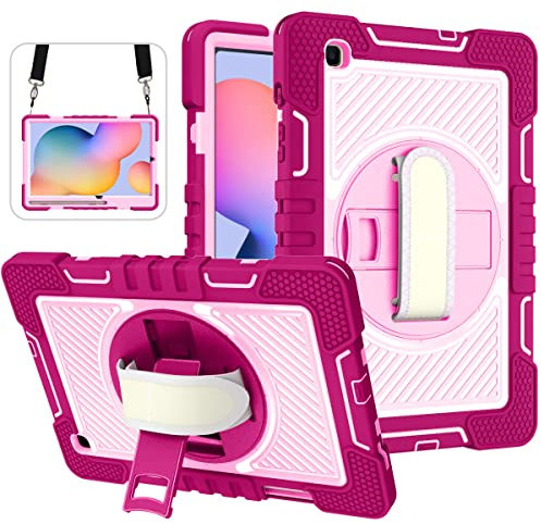 ERDARARIPRO Tablet Hülle für Samsung Galaxy Tab S6 Lite P610, Niedliche Stoßfeste Cartoon Hülle mit 360° Drehbarem Ständer, Handschlaufe und Stifthalter Rosenrot+Rosa