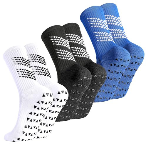 Zuimei 3 Pairs Kids Football Socks Grip Socks,Anti-Slip Football Socks Nonslip Football Sock Kids Ankle Sock for Boys Girls Running Training Aged 9-15, Size 4-5.5