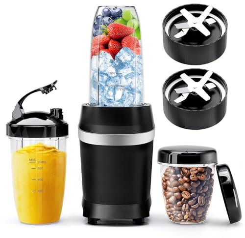 Nahida Blender, 1200 W, with 2 sharp blades with 6 ribs and 3 portable cups, personal juicer, black