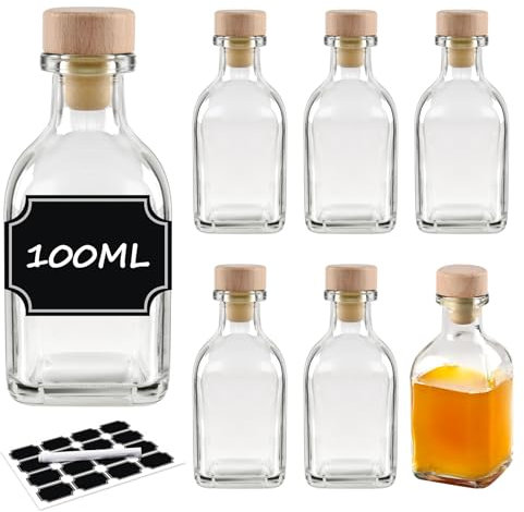 BLIENKREBY 6x Botellas de Vidrio de 100 ml con Corcho, Botella Cristal con Tapón de Corcho, con 12 Etiquetas y Rotulador, Botella Vidrio para Licores Caseros, Aceite & Cerveza Artesanal