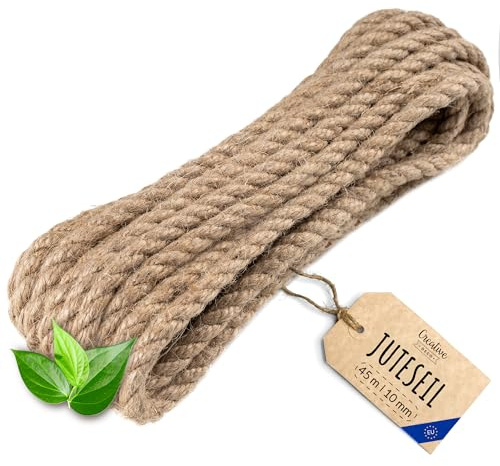 Creative Deco Juteseil Juteschnur | 45m Lang | 10mm Dickes Seil | Personalisierung alle 5m möglich | Jute Hanfseil Tau Schnur Gedreht Garn Kordel Naturfaser | Braunes Deko Handlauf DIY Garten