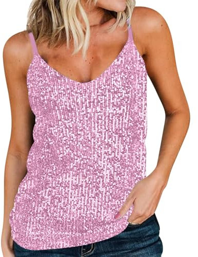 Glitzer Oberteile Damen Silvester Outfit Sexy ärmelloses Glänzend Pailletten Oberteil Camisole Einfarbig Glitzer Top Festlich Party Shirt Glanz V-Ausschnitt Camis Weste Karnevals Fasching kostüme