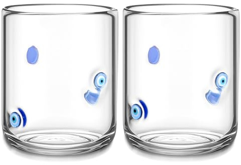 Skylety 2 Set Halloween Evil Eye Icon Juice Glass Cups with Straw, 14 oz | Icon Glass Cup, Cute Pattern Glassware, Double Old Fashioned, for Milk, Coffee, Halloween Parties Supplies Gifts