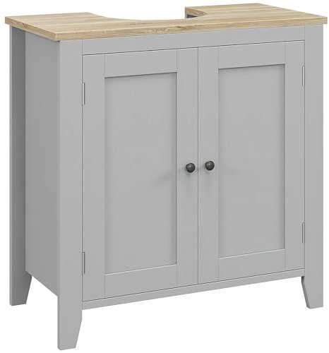 kleankin Under Sink Cabinet, Bathroom Sink Cabinet with 2 Doors, Pedestal Under Sink Design, Freestanding Bathroom Cupboard with Adjustable Shelf, Grey