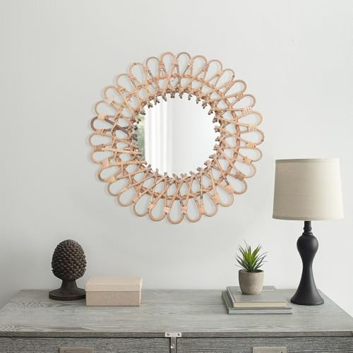 Xingfx Rattan Spiegel rund 40cm handgefertigt, Boho Wandspiegel aus Naturmaterial mit 20cm Glasspiegel, Vintage Deko für Wohnzimmer Schlafzimmer Badezimmer Flur – Wandmontage