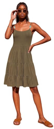 Roman Petite Beaded Strappy Tiered Dress for Women UK - Ladies Everyday Holiday Spring Summer Square Neckline Comfy Soft Evening Vacation Work Party - Petite Khaki - Size 14