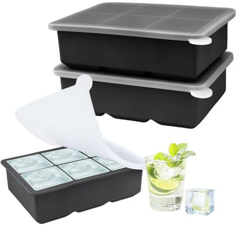 2-Pack Black Silicone Ice Cube Tray with Lid - 6 Compartments for Gin Cocktails, Iced Coffee & Freezer Blocks - Flexible & Durable