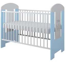 Babybett, Kinderbett 60x120 cm weiß-blau mit 3-Fach Höhenverstellbarer Komfort Matratze und 3 Schlupfsprossen, Gitterbett mit Matratze & Kleiner Prinz Gravur 120x60cm