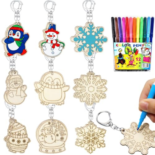 Hendpock 18 Stück Basteln Weihnachten, Schlüssenanhänger Bastelset Weihnachten, Holzanhänger Weihnachtsbasteln, Weihnachtsdeko zum Bemalen, Schlüssenanhänger Holzbastelsets für Weihnachts Basteln