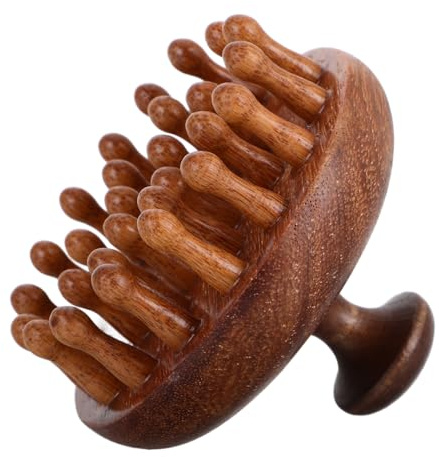 Holz Kopfhautmassagegerät aus Sandelholz mit 28 Zinken, Griff | Runde Scheibenform, Sanfte Spitzen, Ergonomische Kontrolle, für Dusche und Heim Kopfanwendung