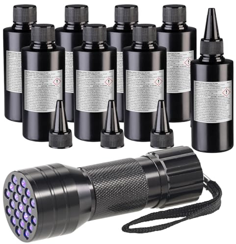 AGT Bastel Harz: 8er-Set UV-Resin, kristallklar, vorgemischt, 8x 50 g, inkl. UV-Lampe (Kristallklares Harz, Set)