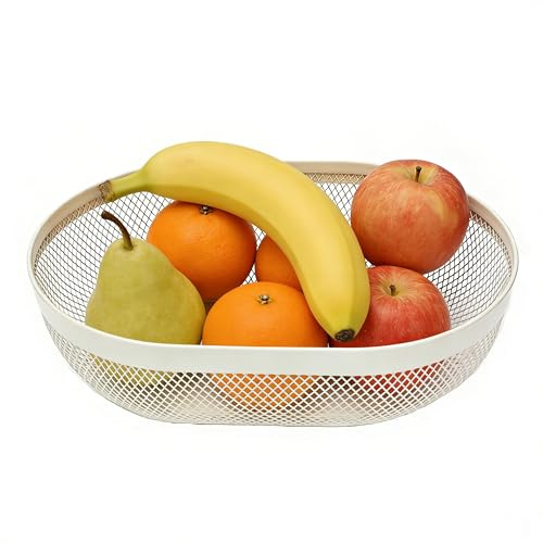 Frutero de metal blanco de 30,8 cm con diseño de rejilla para cocina | Fruit Basket con borde ancho y función de escurridor para frutas y aperitivos en mesa y comedor