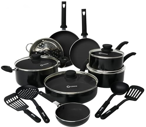 COOCK 19-teiliges Induktions-Kochset – Premiumqualität – Recyceltes Aluminium, keramische Antihaftbeschichtung – Ergonomische Kaltgriffe – inkl. Untersetzer & E-Book (Schwarz)