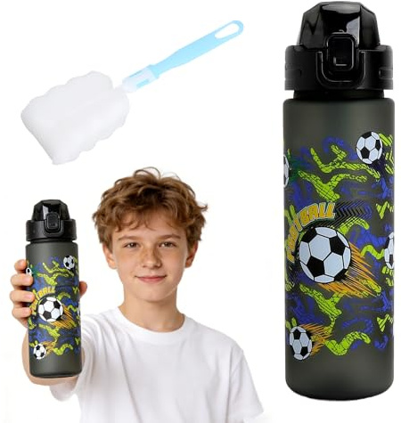 Gourde Enfant 700 ml Sans BPA Ouverture par Simple Pression Facile à Nettoyer Anti Fuite pour l'École Adaptée aux Boissons Gazeuses en Plastique Alimentaire (Football)