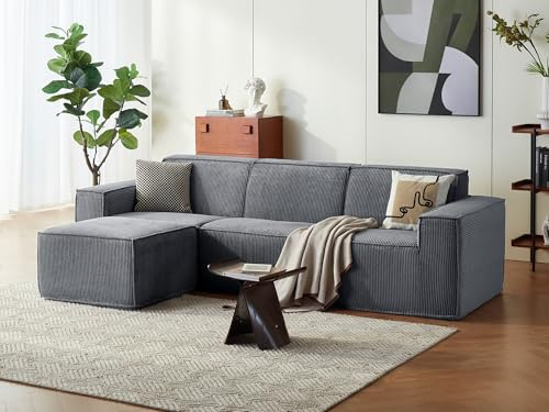 LINSY HOME Ecksofa mit Schlaffunktion- 266cm L Form Couch, Cord, Dunkelgrau | Modulares Schlafsofa, Sektionssofas für Wohnzimmer, Keine Montage erforderlich, 3 Sitze mit Ottomane