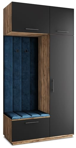 Masseno Flugarderoben Set Rema, Kleiderschrank-Set mit Sitzbank, Garderobenschrank Flur mit 5 Regalböden, Eiche Lefkas/Schwarz