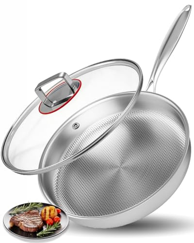 Abijan Stainless Steel Frying Pan 28cm, Titanium Frying Pan with Lid, 5 Ply Stainless Steel Pan Induction, Non Toxic Frying Pan, PTFE & PFOA Free, Oven Safe, Suitable for All Hobs