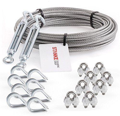 Seilwerk STANKE Rankhilfe Drahtseil verzinkt 10m Stahlseil 3mm 6x7, 2x Spannschloss M5 Haken+Öse, 8x Kausche, 8x Bügelformklemme - SET 5