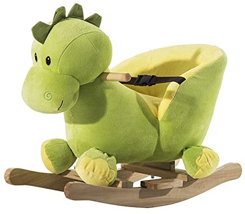 HOMCOM Jouet à Bascule Dinosaure Ceinture de sécurité Effet sonore 32 chansons pour Enfants de 18+ Mois Bois Peluche Verte