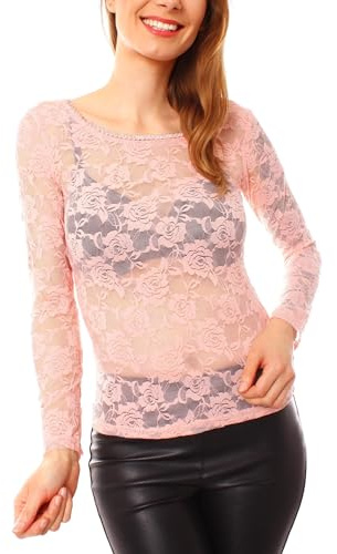 Easy Young Fashion - Damen Langarmshirt mit Spitze - transparente Mesh Bluse - Rundhals Skinny Fit OneSize 1095 - Pfirsichrosa