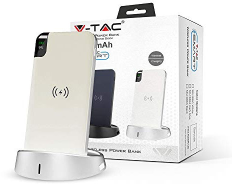 V-TAC Ricarica Wireless Powerbank con Caricatore - 8000 mAh a Piena Potenza 5V/2A a Doppia Uscita Qi Tecnologia di Ricarica Senza Fili (Bianco)
