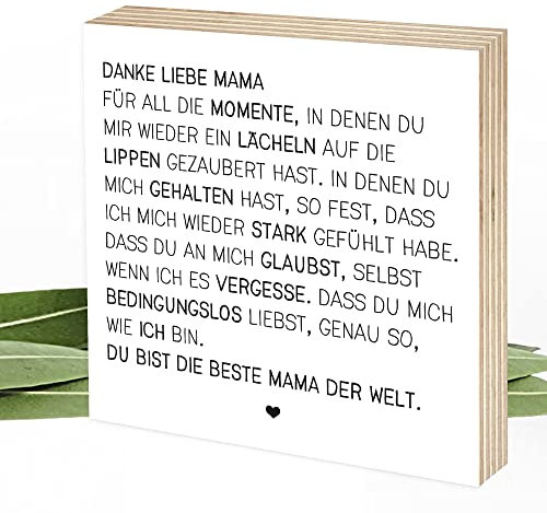 Wunderpixel® Holzbild Danke liebe Mama - v2 15x15x2cm zum Hinstellen/Aufhängen, echter Fotodruck mit Spruch auf Holz - schwarz-weißes Wand-Bild Aufsteller Dekoration Danke-schön Muttertags-Geschenk