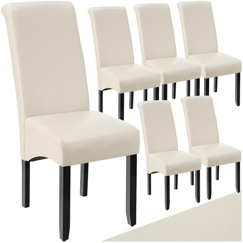 tectake® 6er Set Stühle, Kunstleder Stuhl mit hoher Rückenlehne, ergonomische Form, perfekt für den Esstisch, als Esszimmerstühle, Küchenstühle oder im Wohnzimmer - Creme