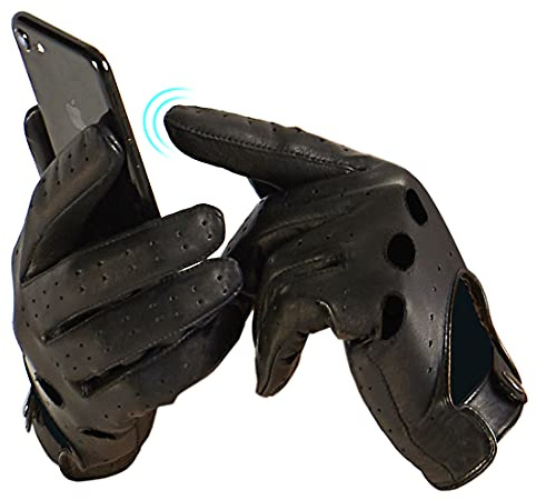 Harssidanzar Mens Lambskin Leather Driving Gloves Unlined Touchscreen GM026,Black,Size L