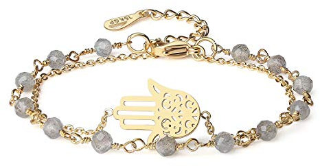 COAI Geschenkideen Glücksarmband Doppelschichtes Armband mit Labradorit Perlen Hamsa Hand Charm für Damen