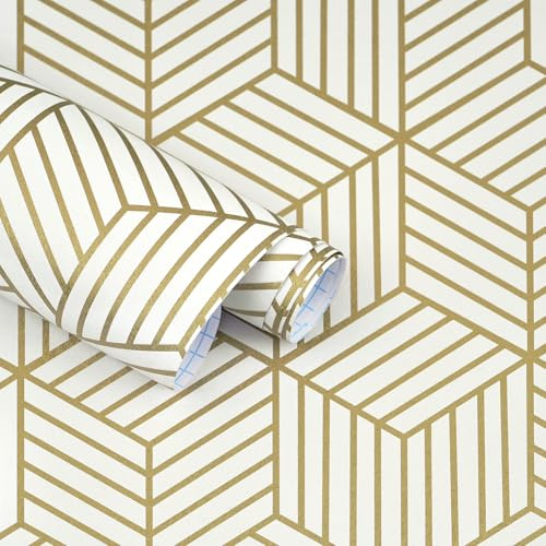 17.7x118.1”Gold and White Geometry Stripped Hexagon Contact Paper Gold Stripes Self Adhesive Wallpaper Removable Peel and Stick Wallpaper Vinyl for Cabinets Furniture Countertop Shelf Drawer Liner